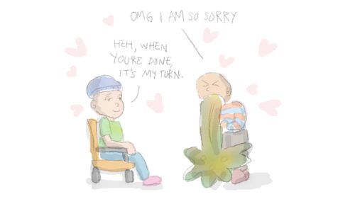 Cartoon of two bald teens sitting next to each other. One teen is vomiting violently. Hearts are floating in the background. Vomiting teen: 'OMG I am so sorry.' Other teen, smiling: 'Heh, when you're done, it's my turn.'